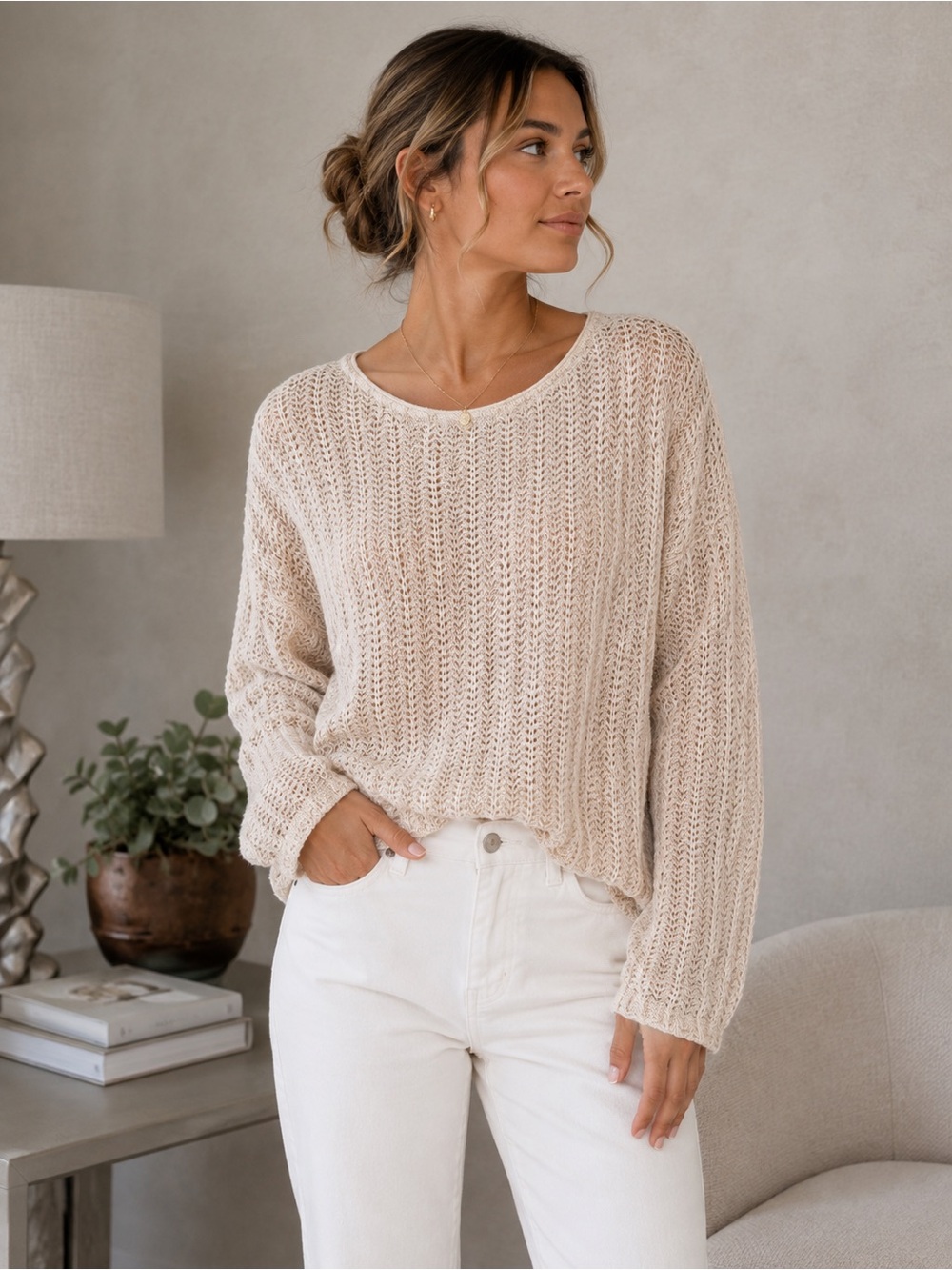 Zara Open-Knit Scoop Neck Sweater in Light Beige-gold